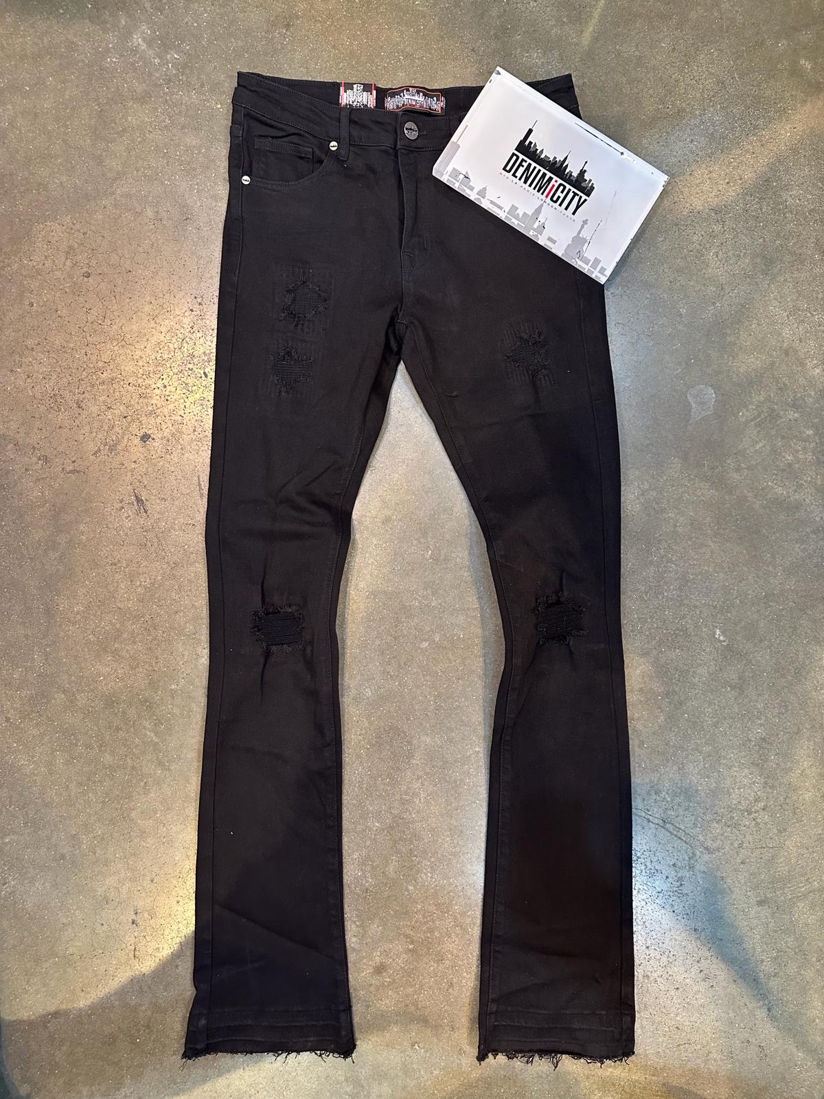 Knee Rip Stacked Denim Jeans - Jet Black Wash
