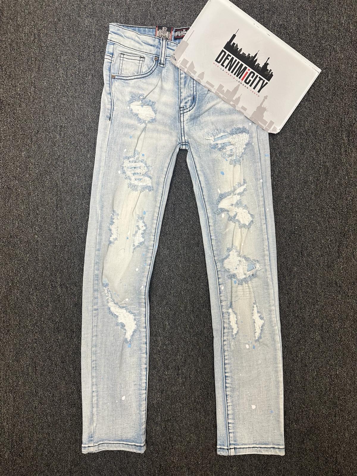 Knee Rip Stacked Denim Jeans - Bleached Light Blue Wash