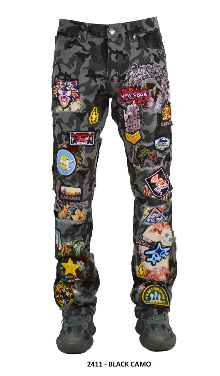 Patchwork Embr Stacked Denim Camo (Black)