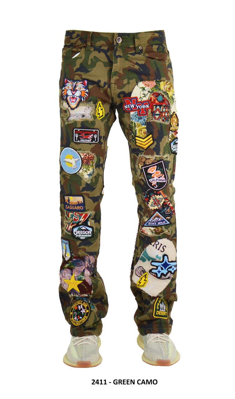 Patchwork Embr Stacked Denim Camo (Green)