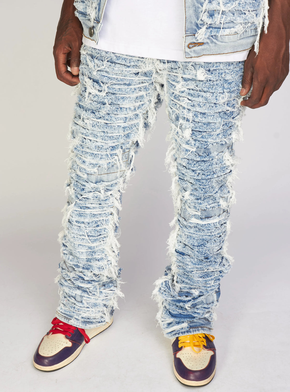 Thrashed Distressed Debris Stacked Flare Jeans - Blue Wash – Todays Man ...