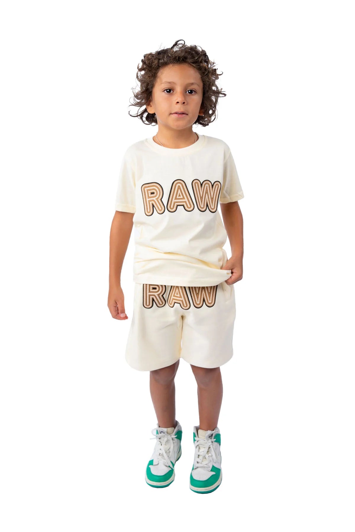 Kids RAW Embroidery Cotton Shorts Set - Cream/Brown