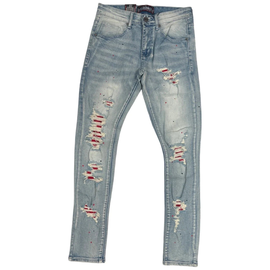 Ripped Slim Fit Denim Jeans - Light Blue Wash/Red