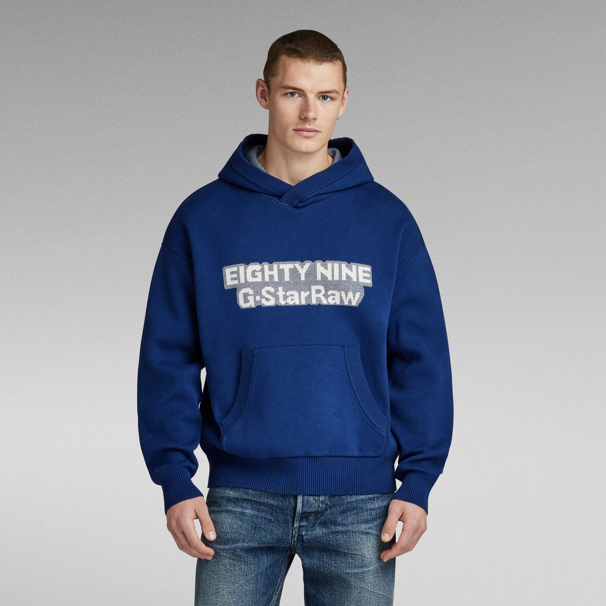Graphic Loose Knitted Hoodie - Ballpen Blue
