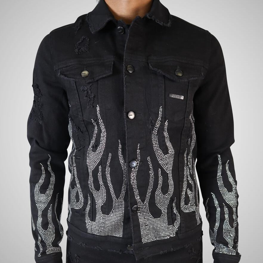 Preme Jeans-Silver Crystal Flame Denim Jacket-Black-PR-WJKT-103