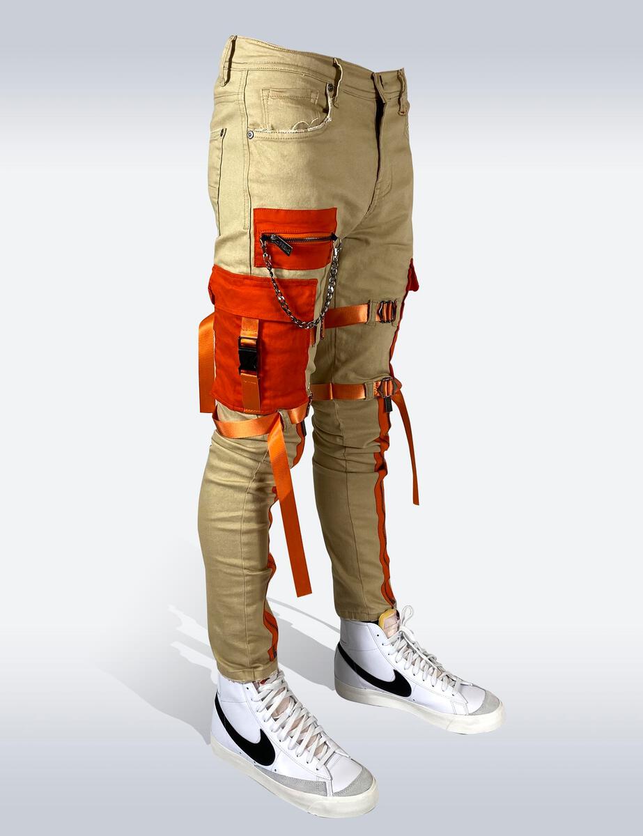 PREME JEANS-STRAPPED CARGO newest JEANS-KHAKI/ORANGE