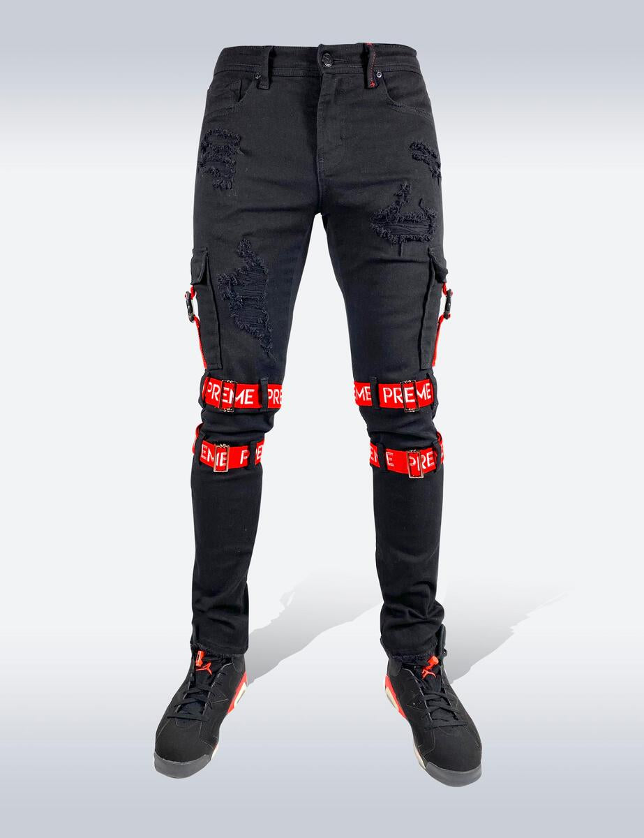 Preme Jeans-Logo Strap Denim Jeans-Black/Red-PR-WB-590