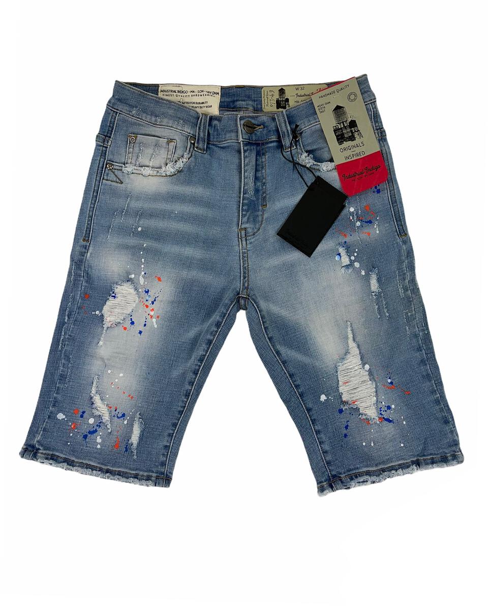 Splatter Denim Shorts-Light Indigo