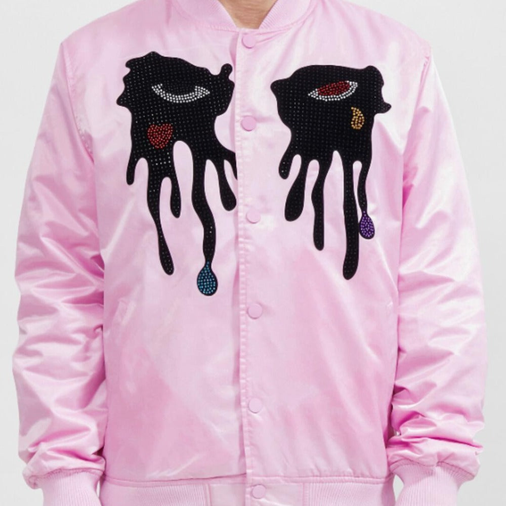 Rhinestones Tear Drip Satin Jacket-Pink