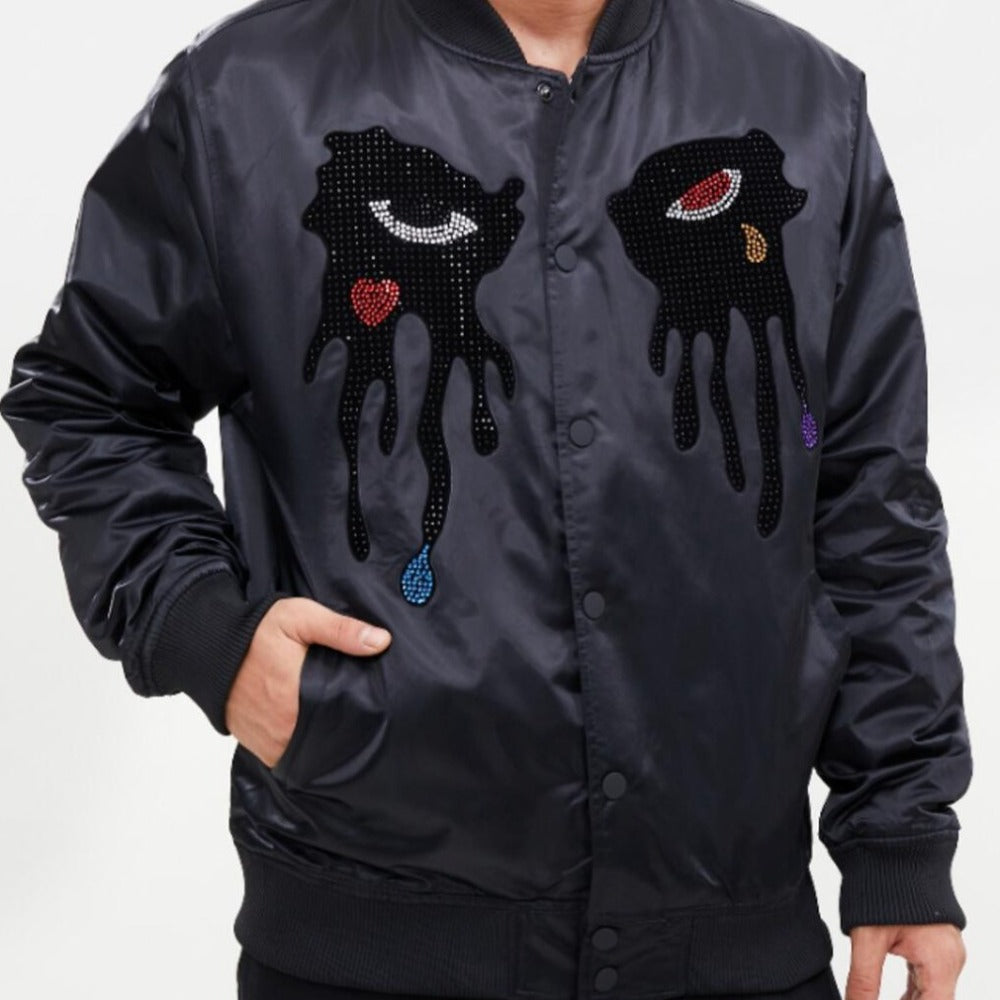 Rhinestones Tear Drip Satin Jacket-Black