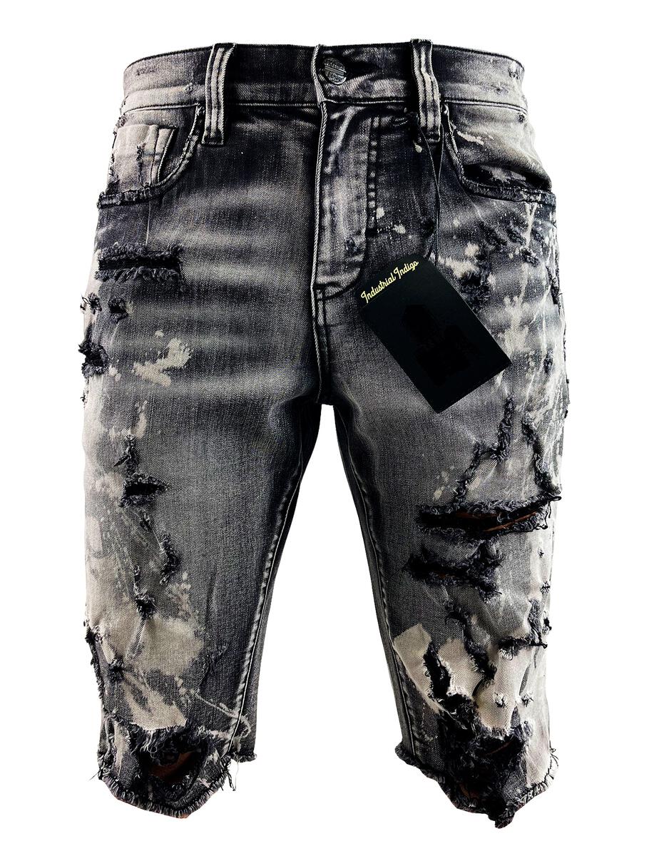 Industrial Indigo Distressed Shorts - Black Wash - INT-WB-390