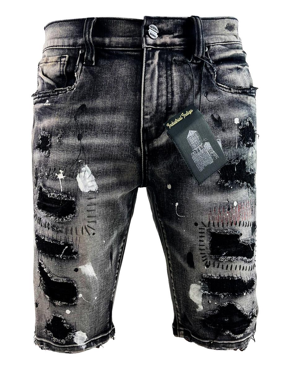 Industrial Indigo Stitched Shorts - Black Wash - INT-WB-439