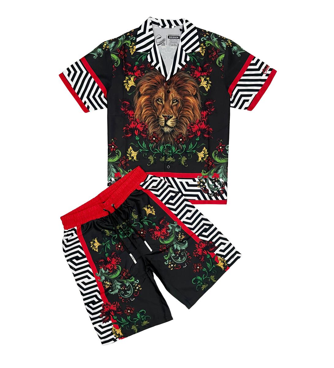 Lion Hawaiian Short Set - Black & Red
