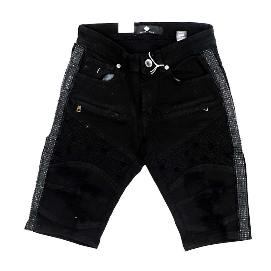 Crystal Striped Biker Shorts-Black/Black