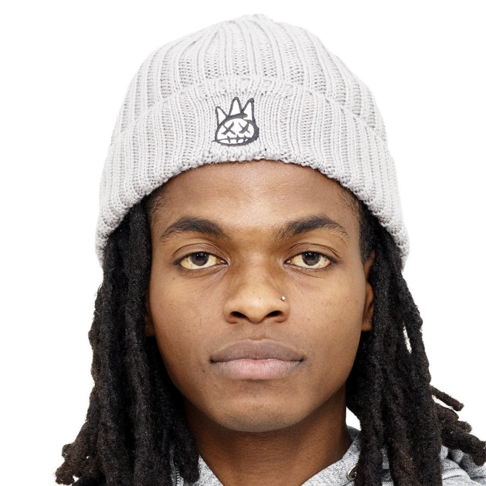 Knit Hat-Heather Grey With White Logo