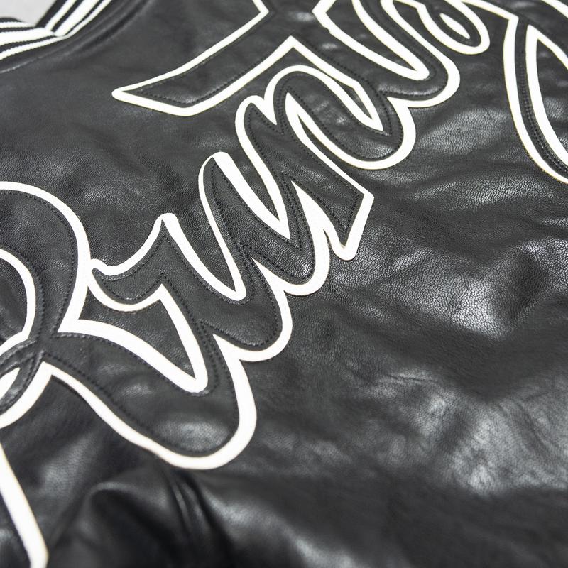 Runtz-Scripted Leather Varsity Jacket-Black