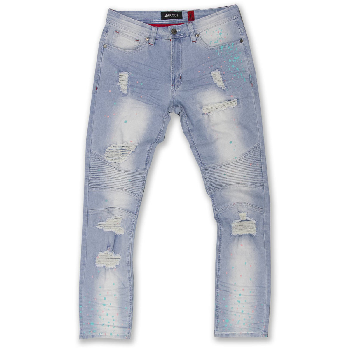 Makobi-Cape Biker Jeans W/Paint Splash-LT.Wash