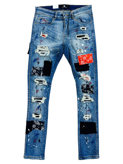 Rip & Repair Denim Jeans - Vintage Blue/Red