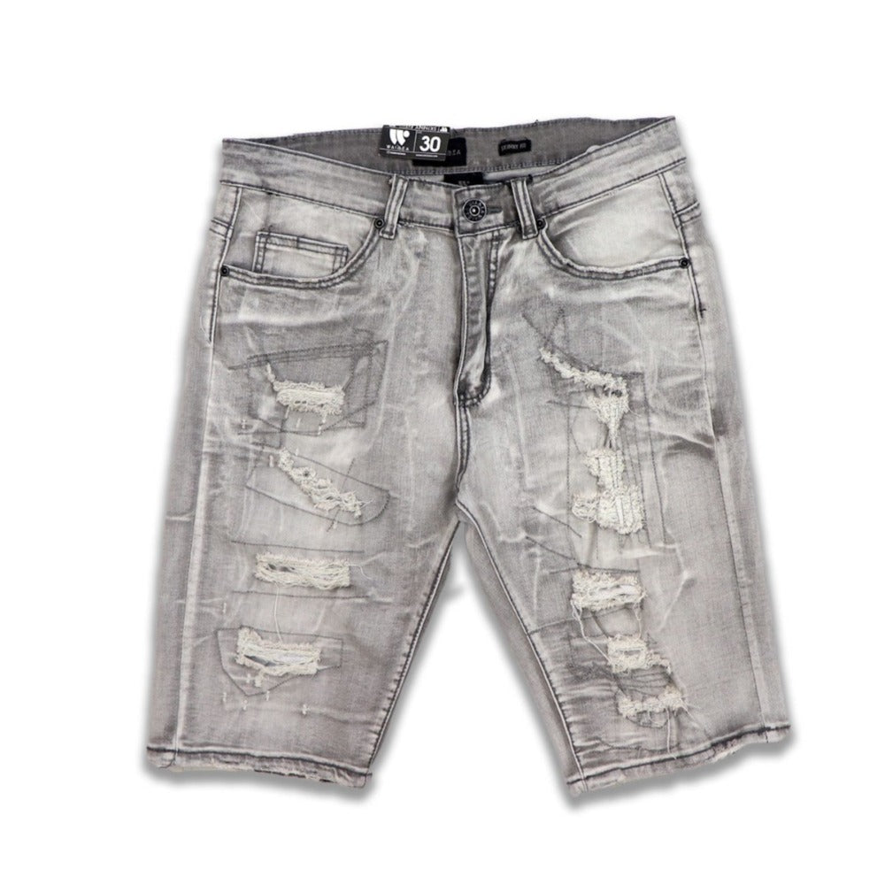 Stitched Denim Shorts-Grey Bleach