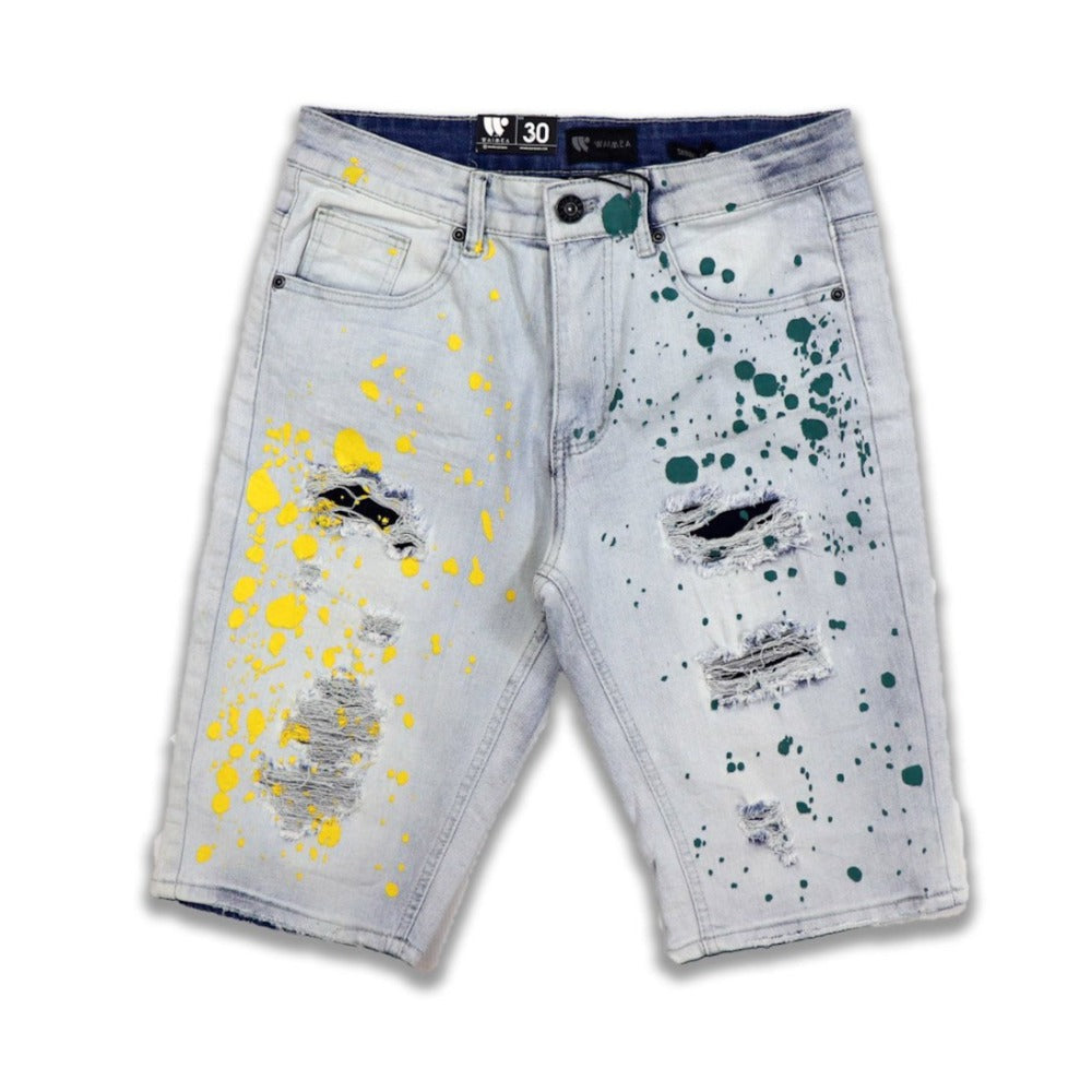 Waimea-Two Toned Painted Denim Shorts-Bleach Wash