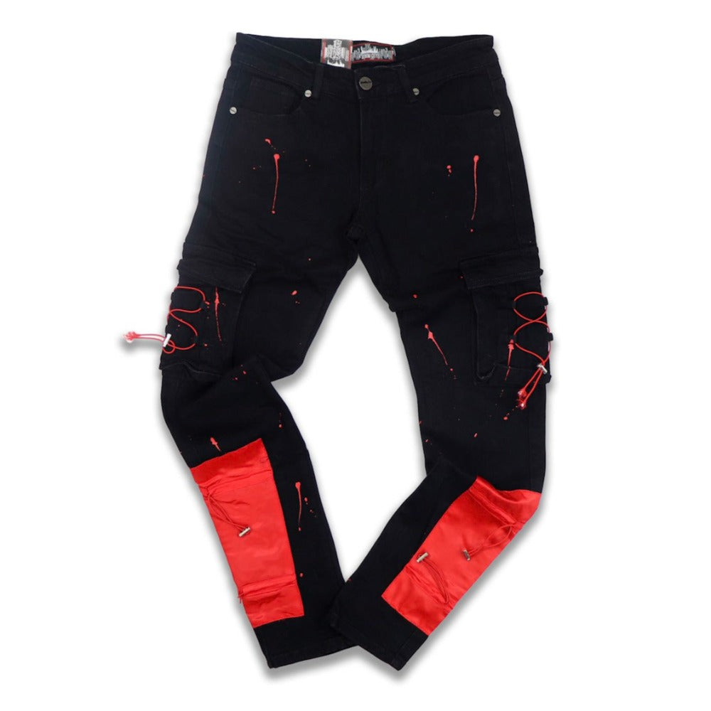 DenimiCity Cargo Nylon Jeans-Black/Red