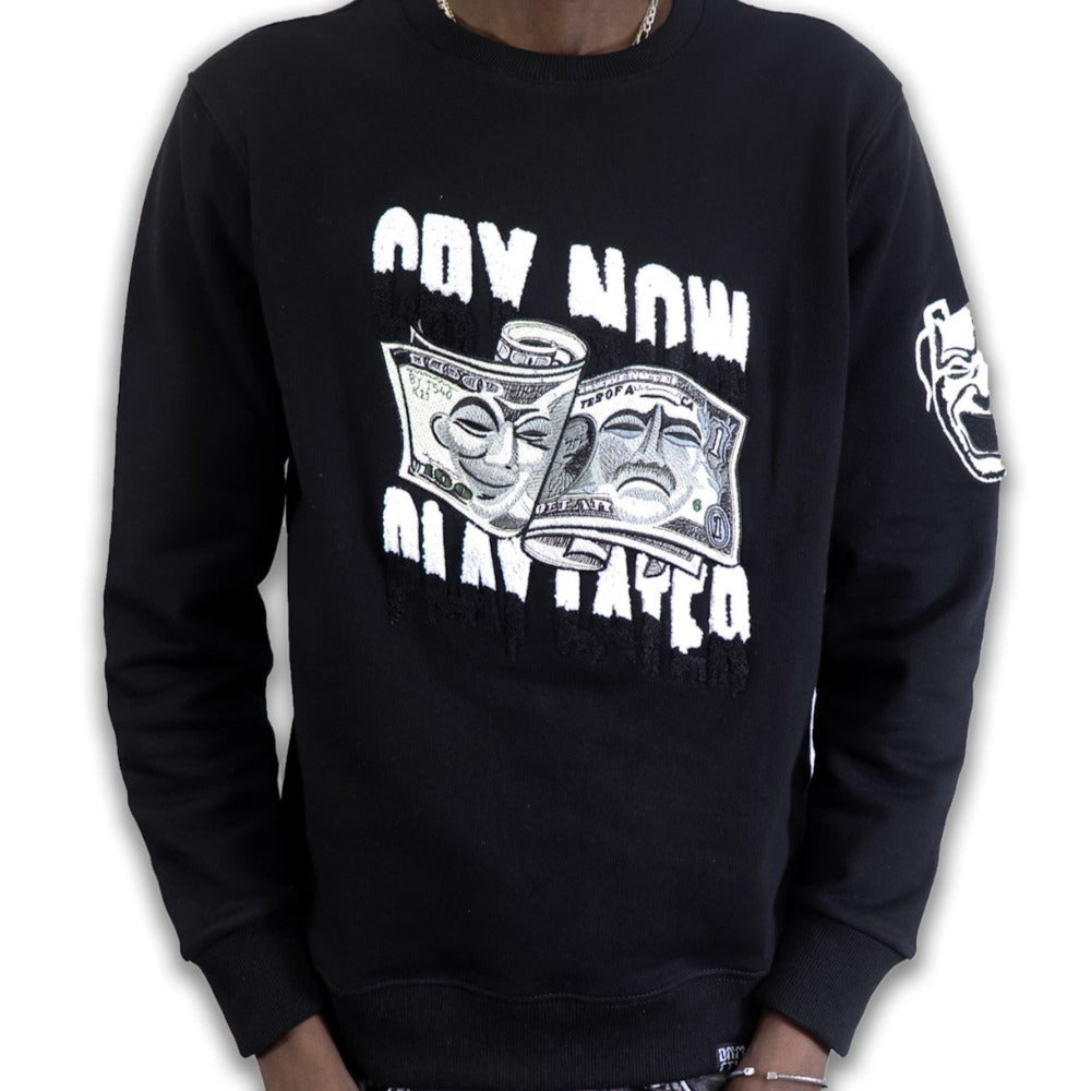 Chenille Cry Now/Play Later Crewneck-Black