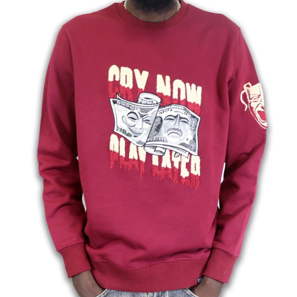 Chenille Cry Now/Play Later Crewneck-Burgundy