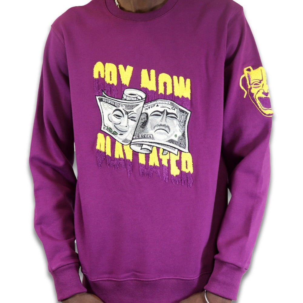 Chenille Cry Now/Play Later Crewneck-Purple