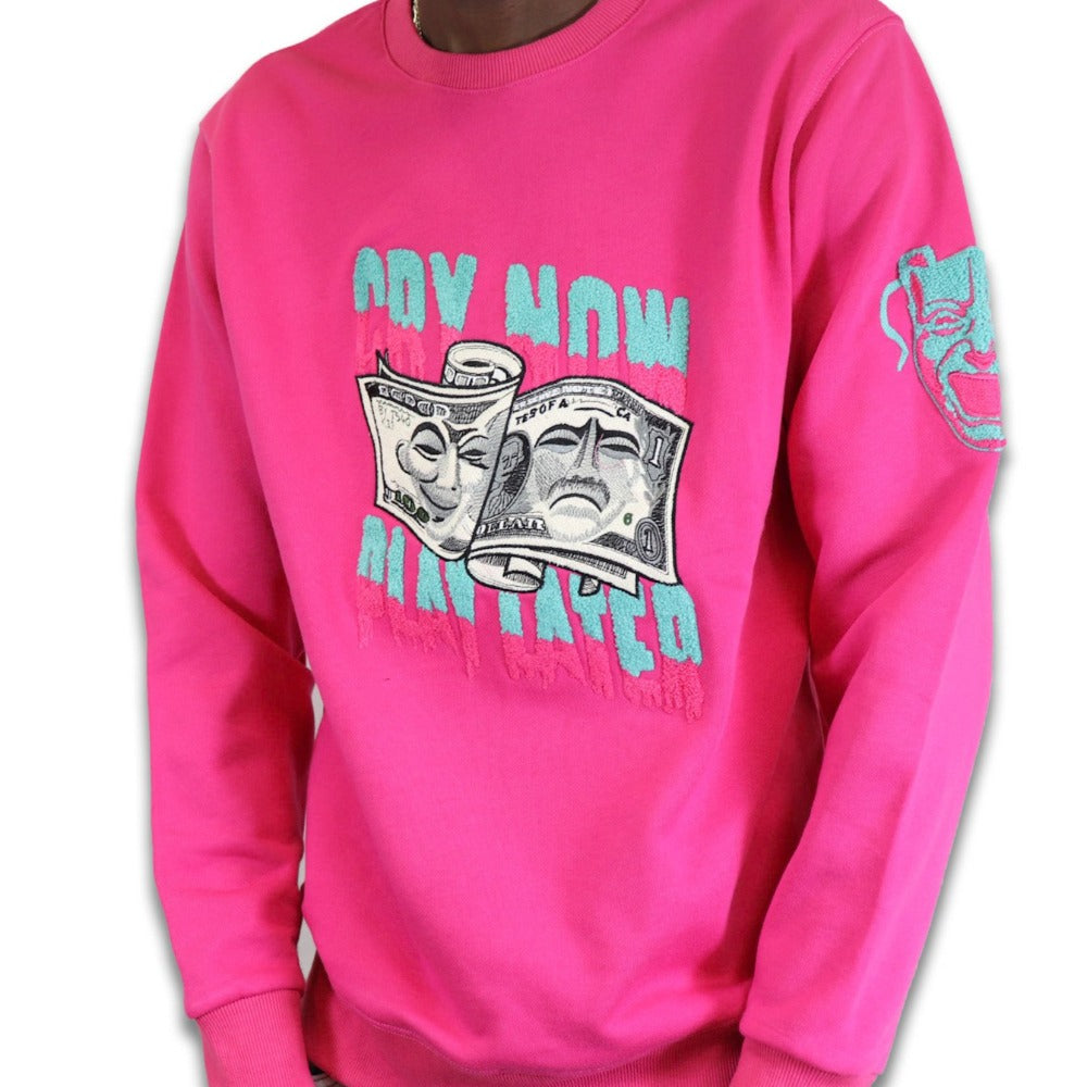 Chenille Cry Now/Play Later Crewneck-Fuchsia