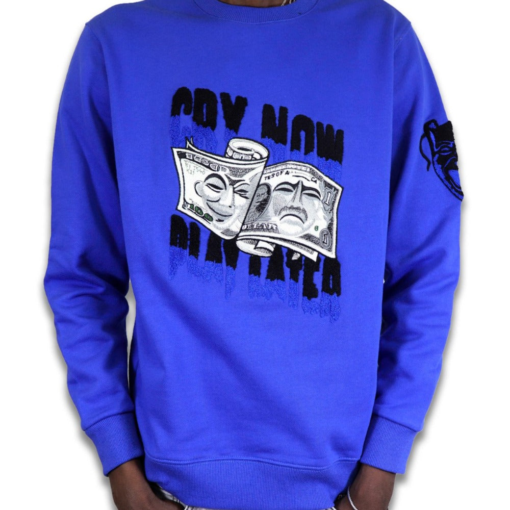 Chenille Cry Now/Play Later Crewneck-Royal