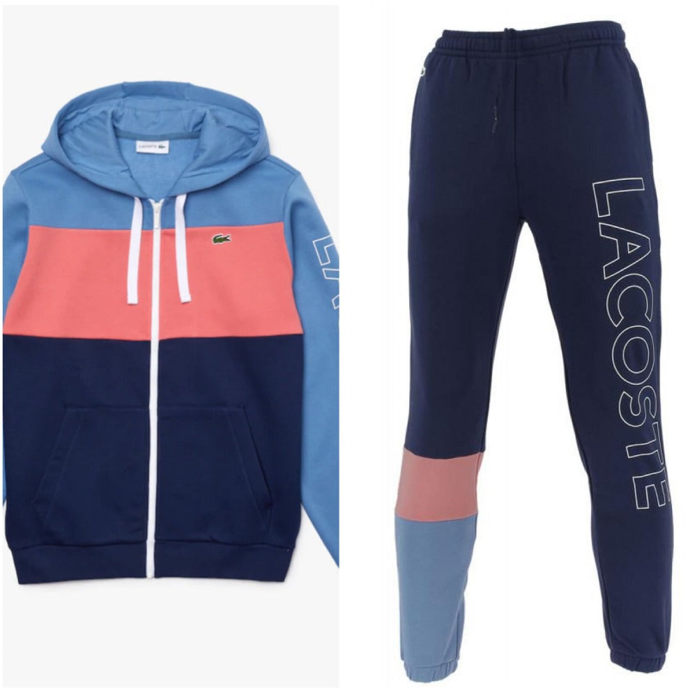 LaCoste-Hooded Colourblock Fleece Zip SweatSet-Blue/Pink /Blue•W86