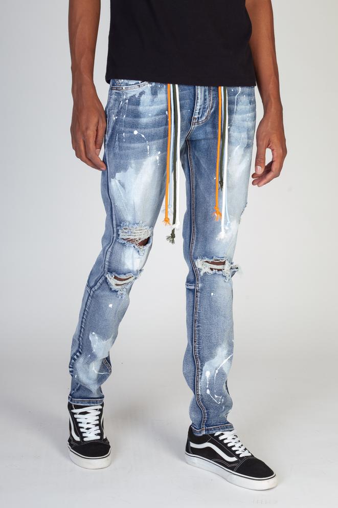 KDNK-Paint Splatter Jeans W/Multi Color Drawstring-Medium Blue