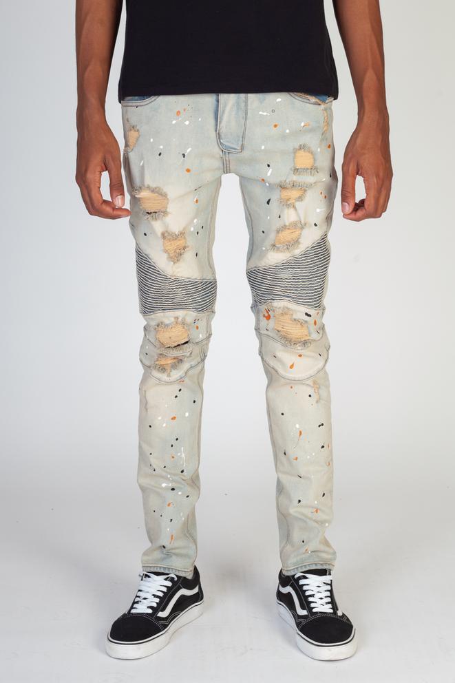 KDNK-Ripped Moto Jeans Multi Painted Splatter-Tinted Blue