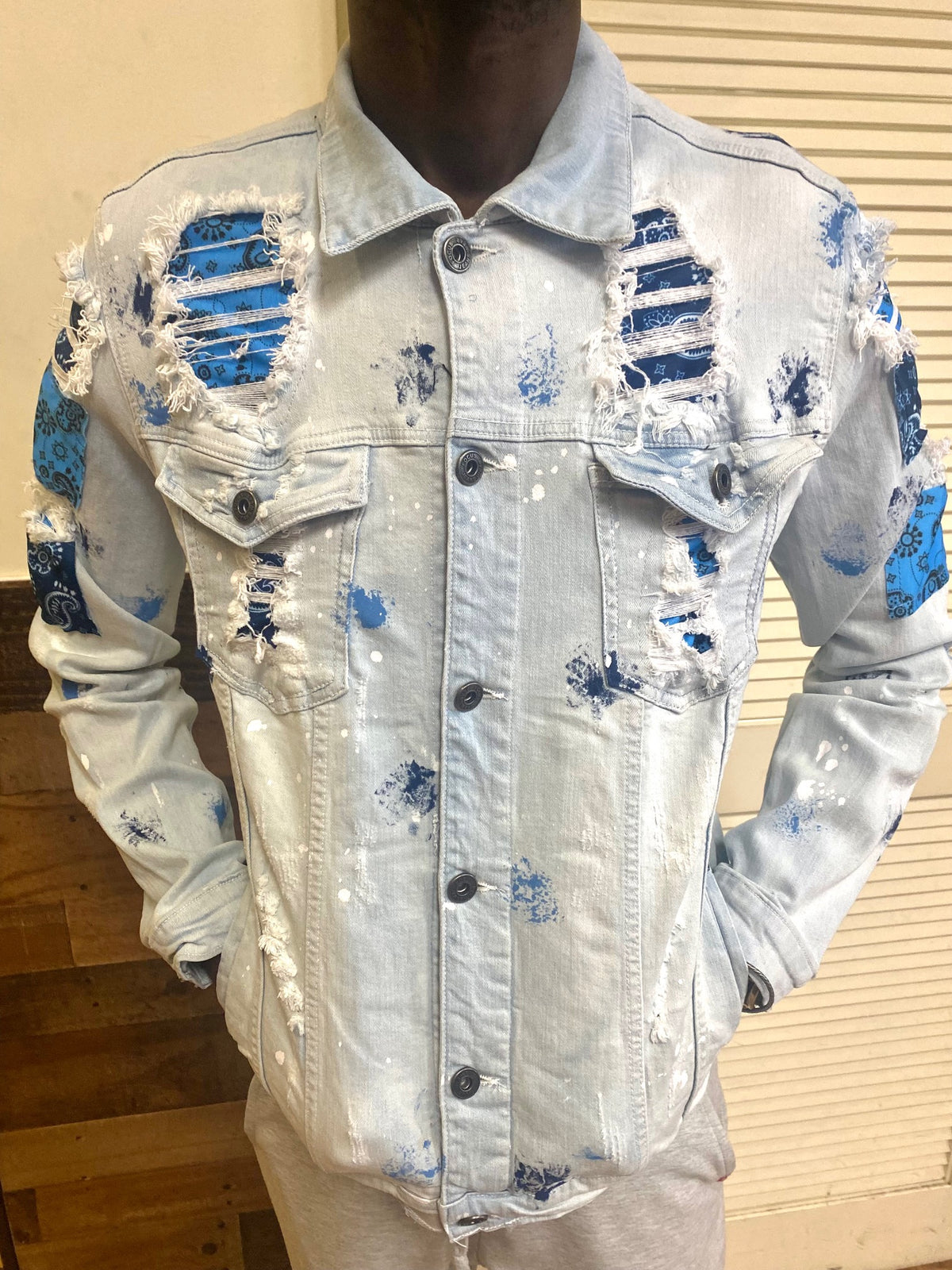 Focus - Spotted Ripped Denim Jacket - White/Blue – Todays Man Store