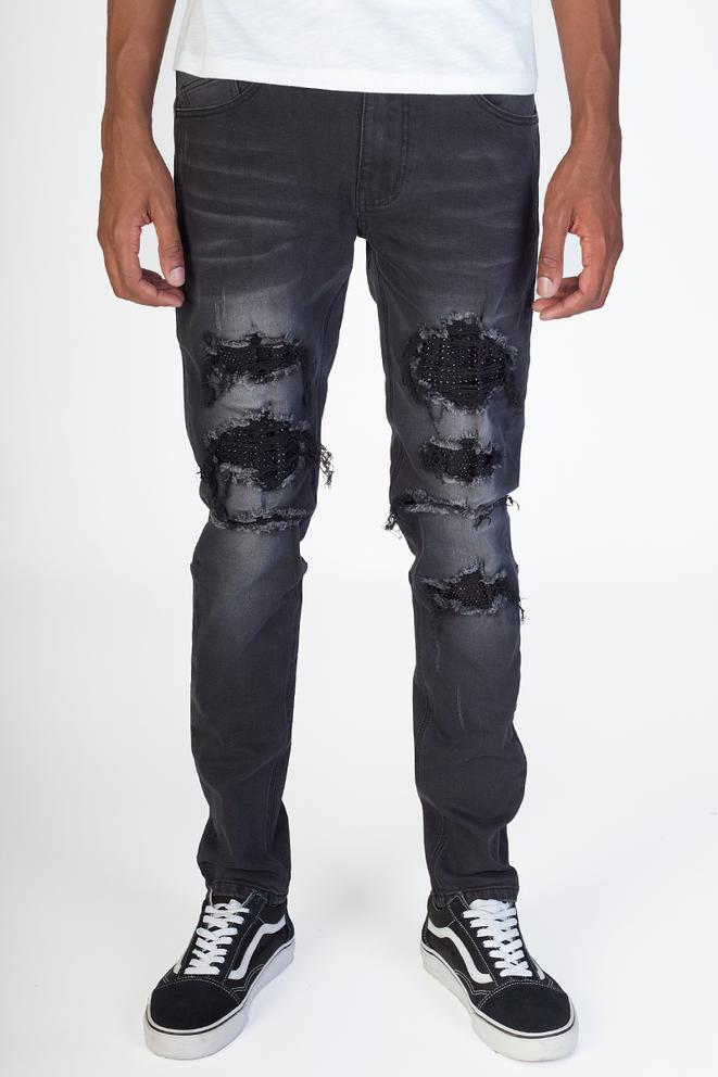 KDNK-Rhinestones & Stud Patched Jeans-Black
