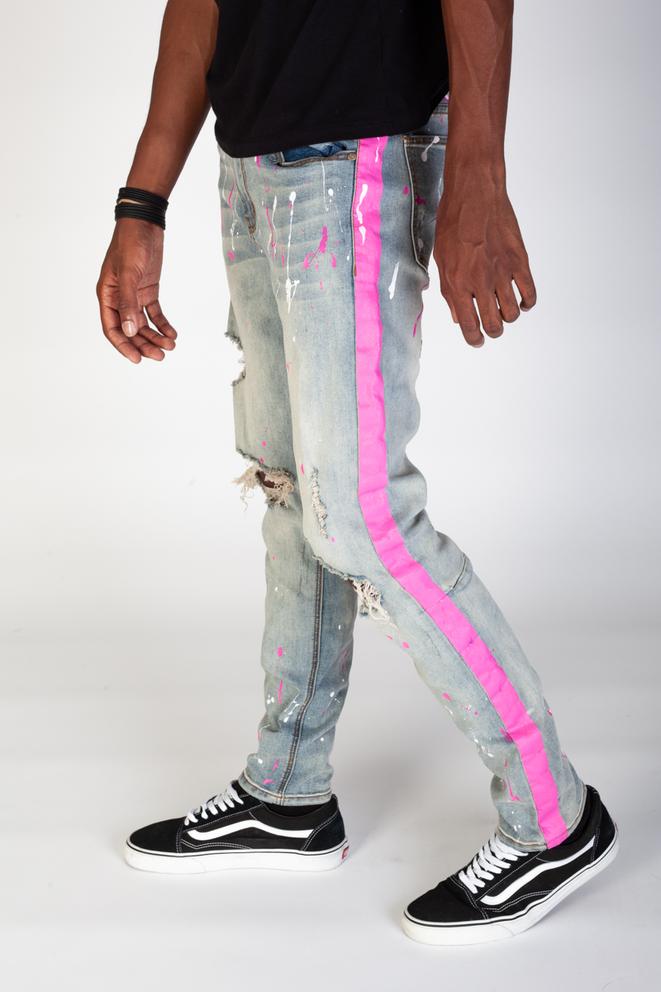 KDNK-Paint Striped Jeans W/painted Splatter-Light Blue