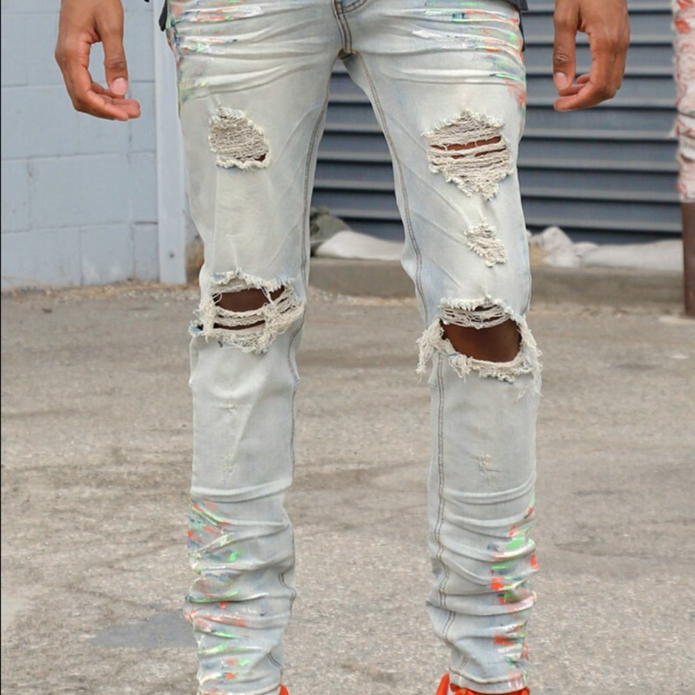 Ripped Jeans With Multi-Paint Splatter-Light Blue