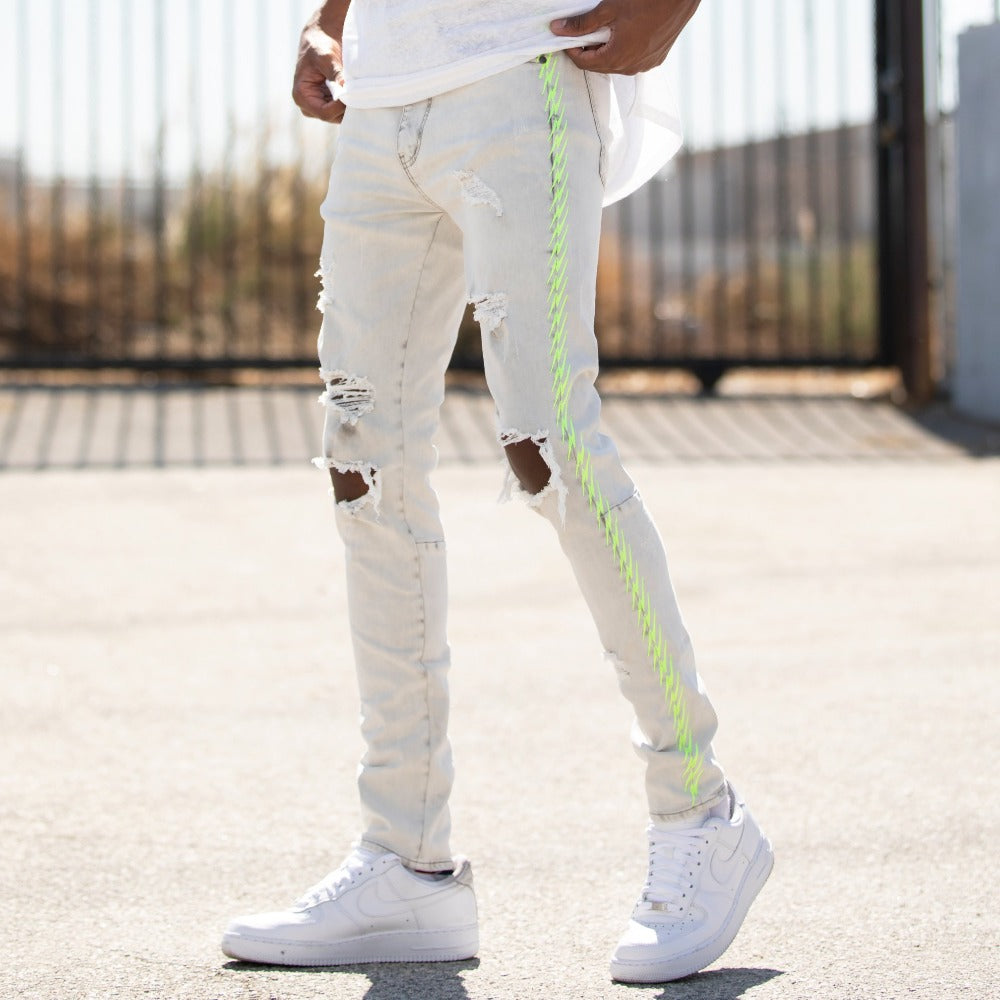 KND-Neon Embroidered Jeans-Light Grey/Lime