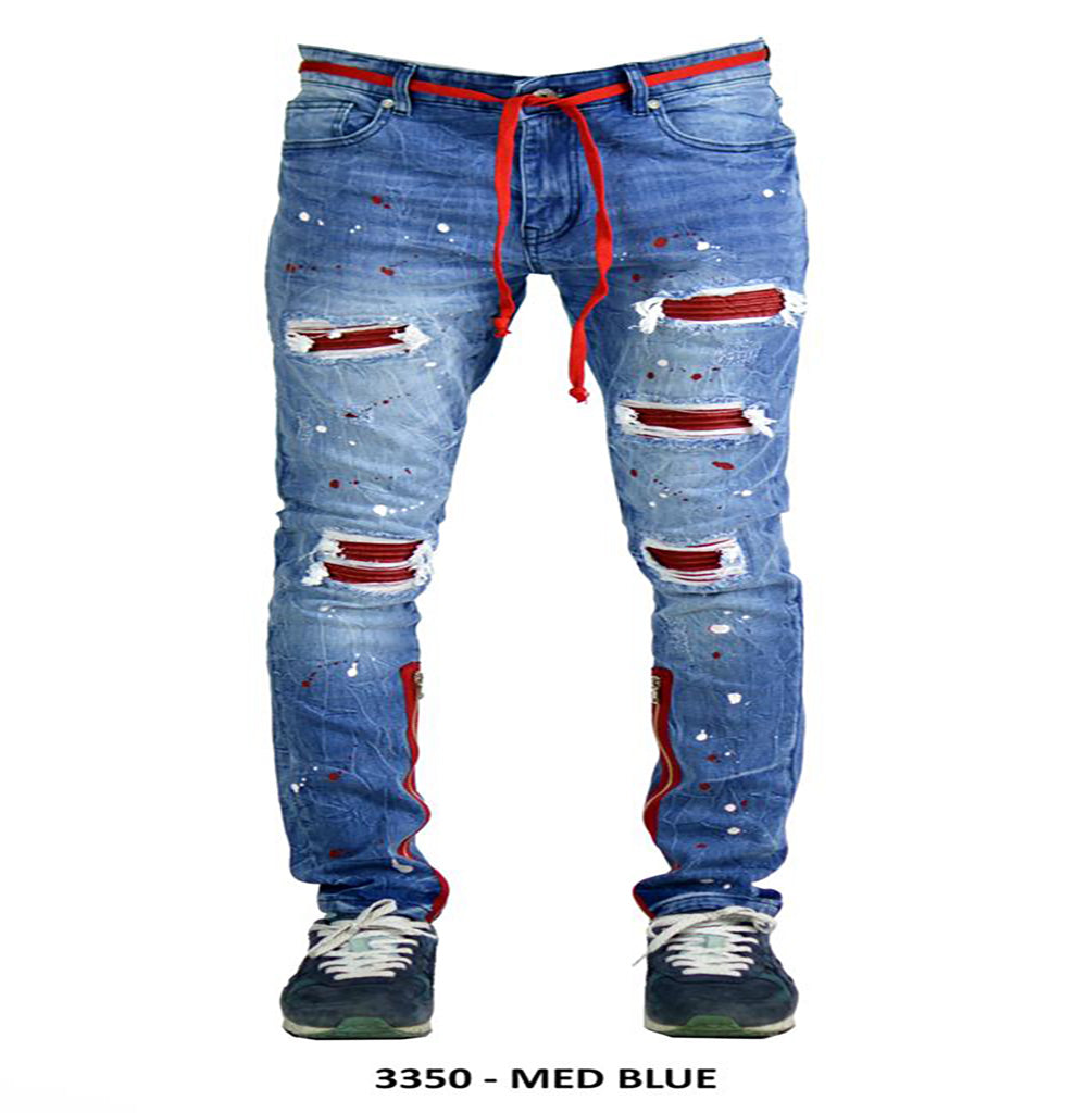PU Patched Denim Jeans-Med Blue