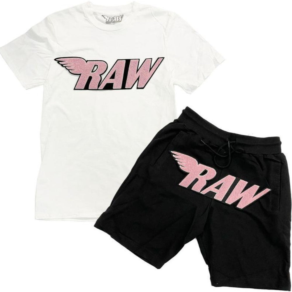 Raw Pink Chenille Crew Neck Set-White/Black