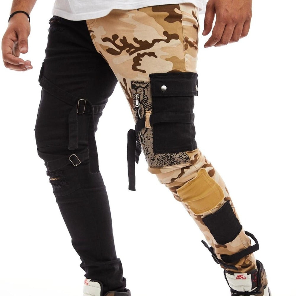 Reelistik-Half & Half Split Cargo Jeans-Tan Camo/Black