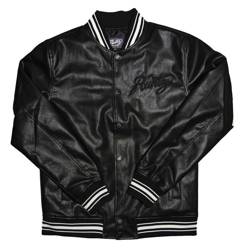 Runtz-Scripted Leather Varsity Jacket-Black
