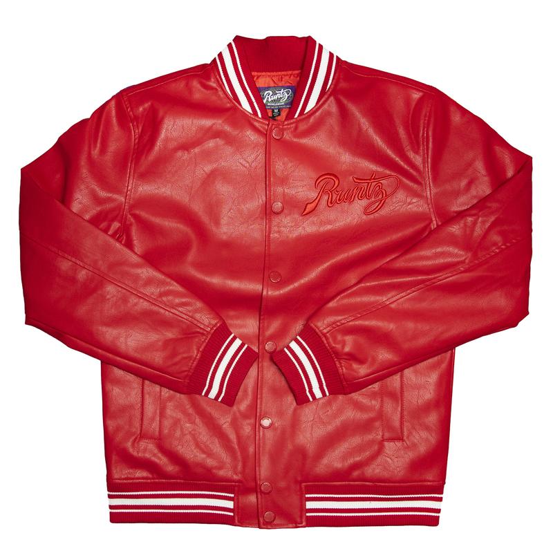 Runtz-Scripted Leather Varsity Jacket-Red