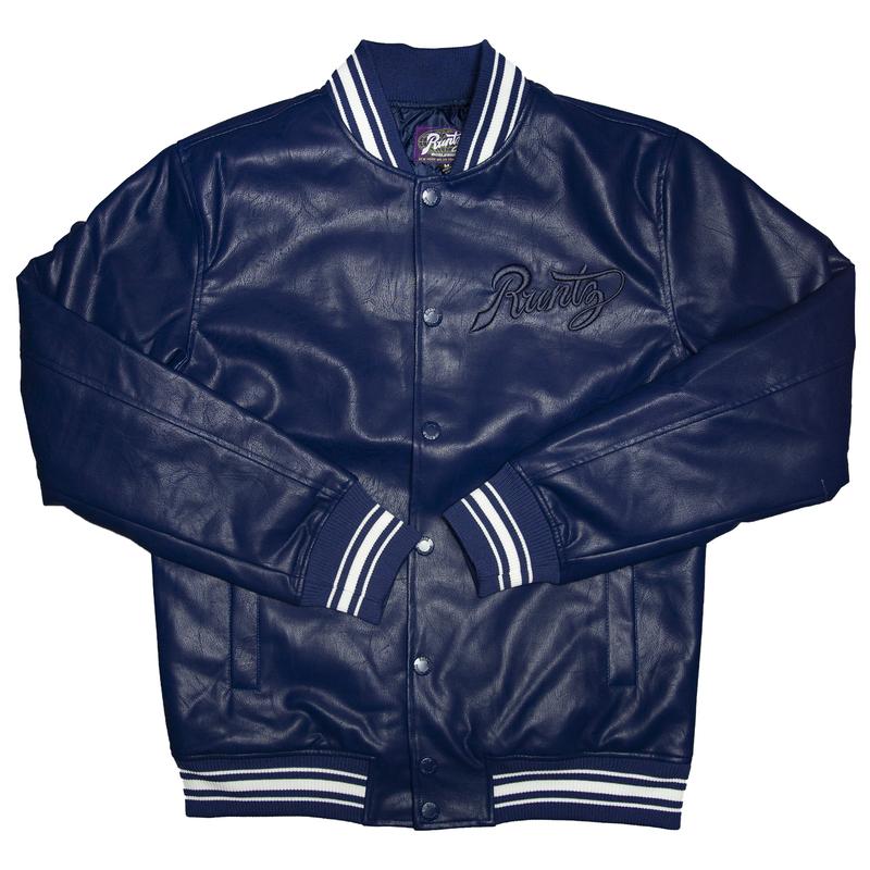 Runtz-Scripted Leather Varsity Jacket-Blue