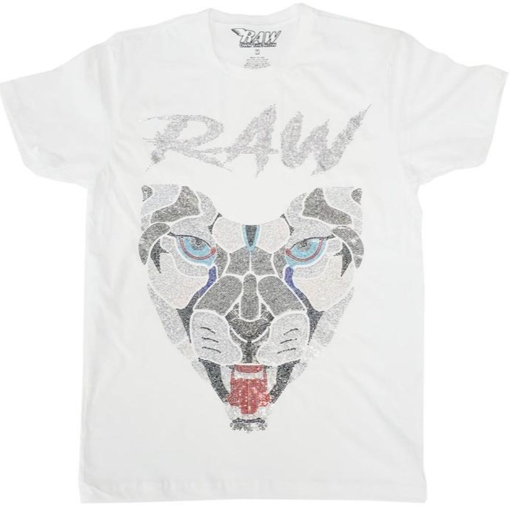 Cursive Raw Clear Panther Bling Tee-White