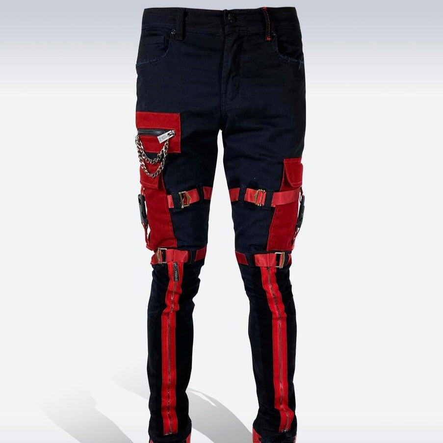Preme Jeans-Strapped Cargo Jeans-Black/Red