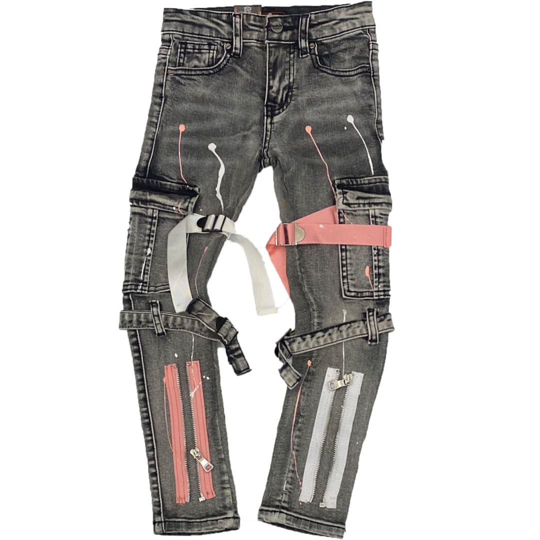 Kids Pink & White Tactical Denim-Grey