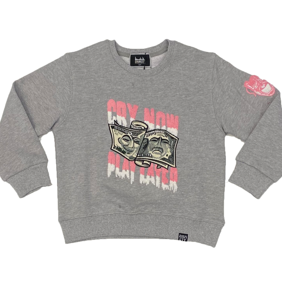 Kids Chenille Cry Now/Play Later Crewneck-Grey