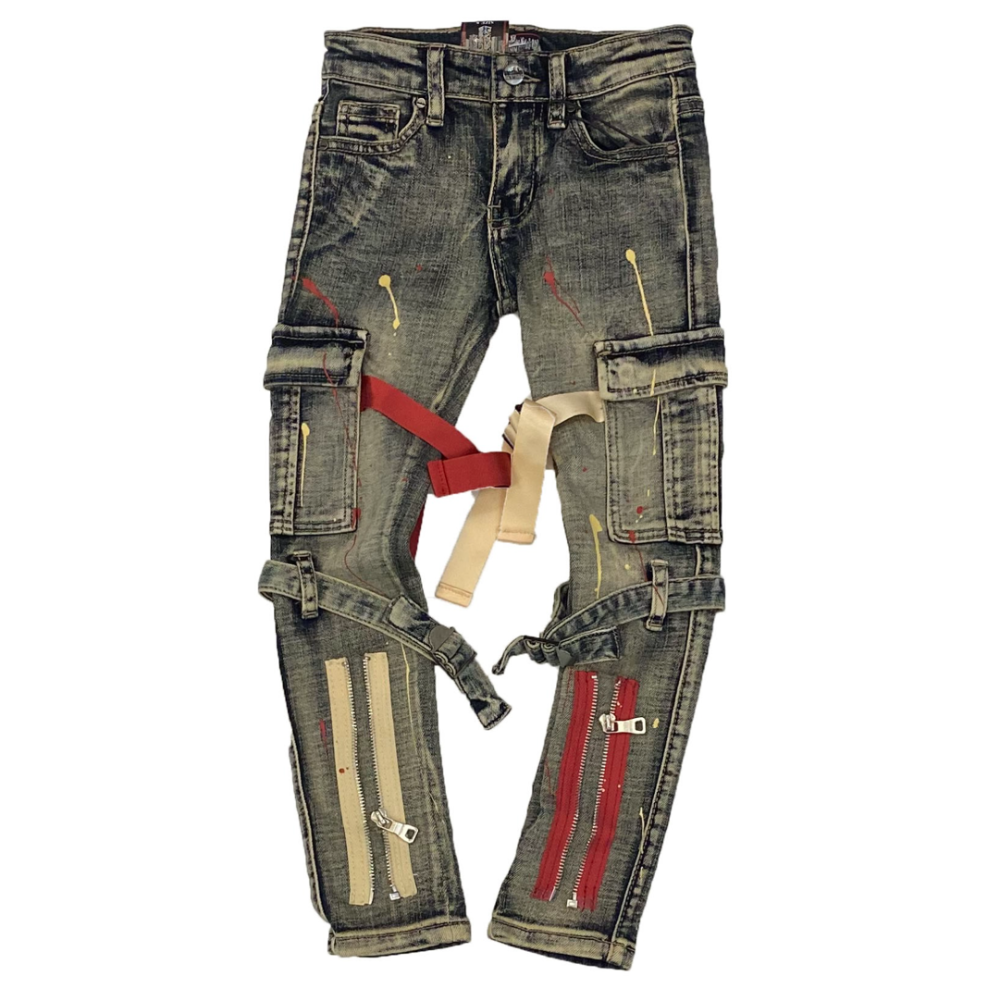 Kids Burgundy & Beige Tactical Denim-Dark Vintage