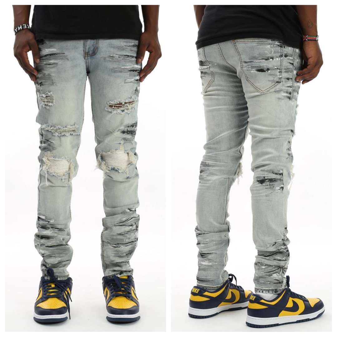 KDNK-Smoked Pu Jeans W/Multi Paint Splatter-Blue